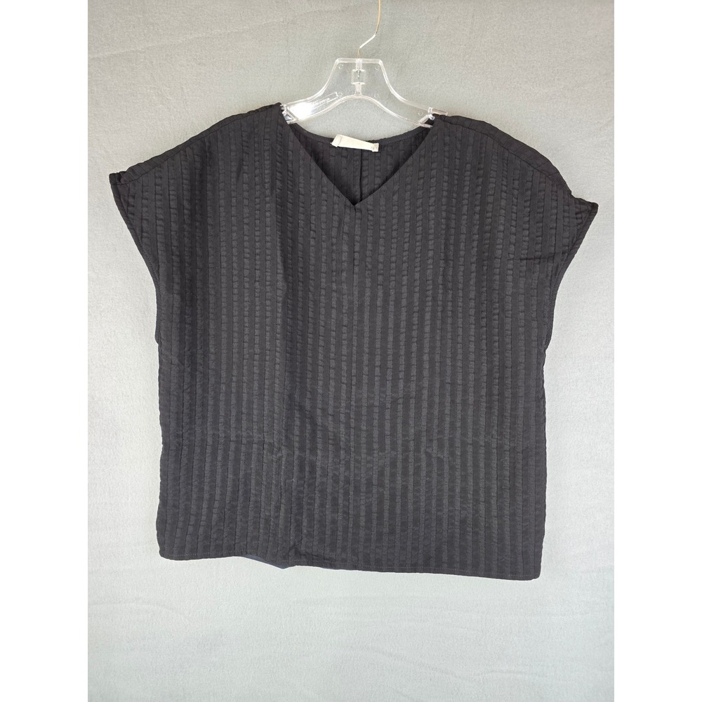 Everlane Blouse Women 10 Black Textured Stripe V-Neck Boxy Minimalist Top